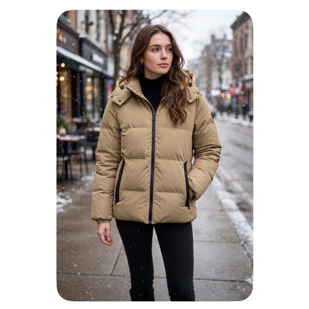Cole Haan Signature Women Tan Puffer Jacket Detachable Hood Camel Large L/G